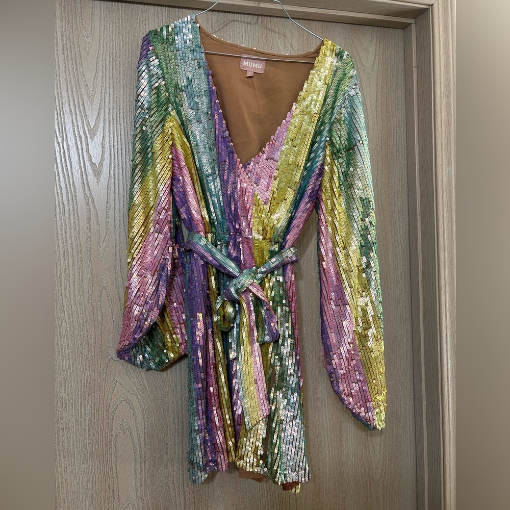 Show Me Your Mumu Wear Me Out Dress Rainbow Stripe Sequins Size Large Pastel L